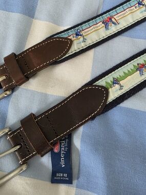 2 Vineyard Vines Belts, Ice Hockey Themed, Silk Cotton And Leather